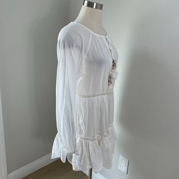 True Destinations Womens Medium White Beach Boho Tunic Dress Seashell Tassels - Picture 2 of 11